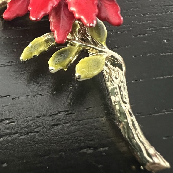 Vintage Red Enamel Rhinestone Gold Toned Flower Brooch Pin 1960's MCM Retro 2" - Picture 4 of 13